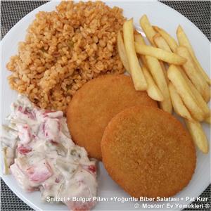 Şnitzel + Bulgur Pilavı + Yoğurtlu Biber Salatası + Pat. Kızr.